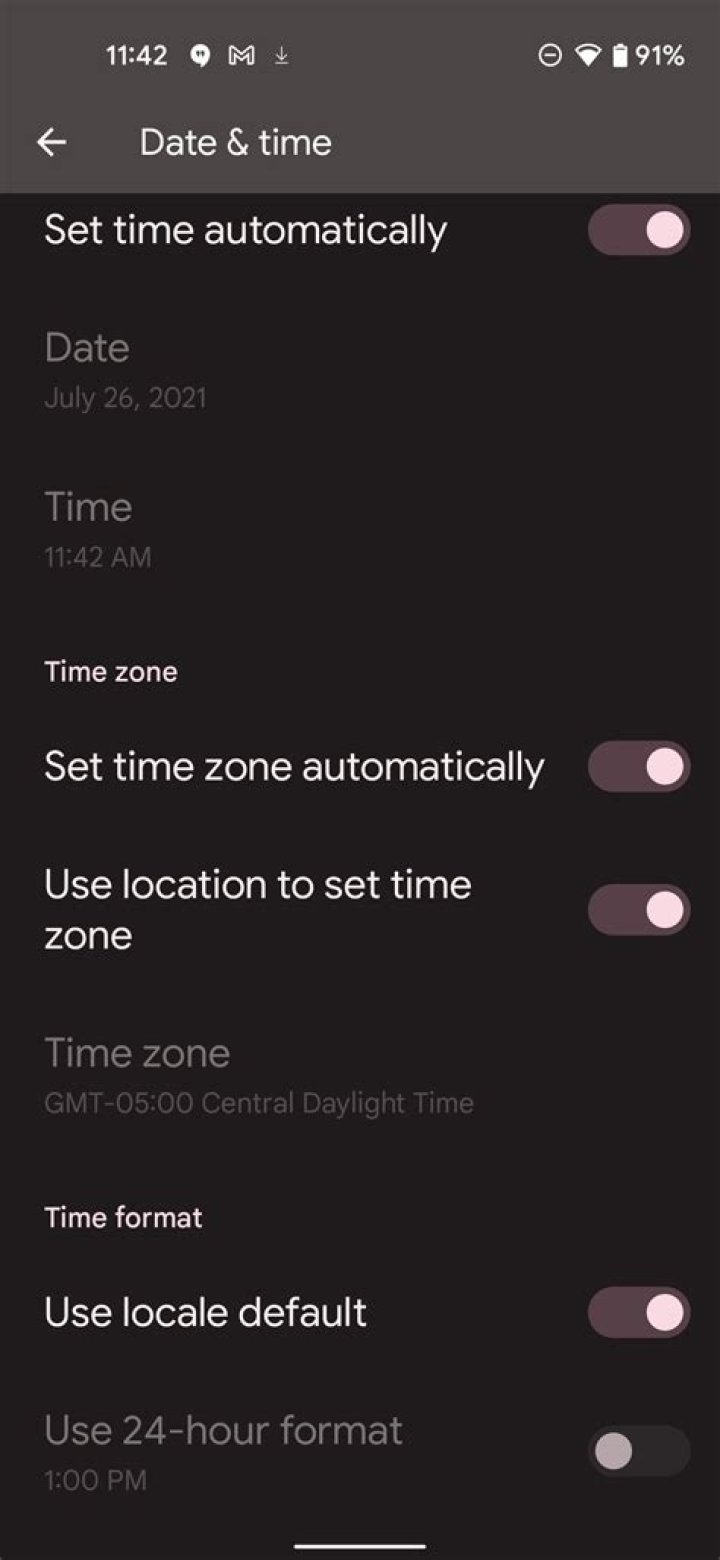 Android 11 Time Zone Settings Screenshot